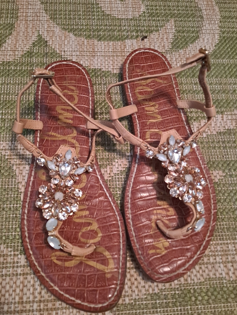 Sam Edelman Grayson Crystal Flower Bejeweled Tan Women's T-Strap Sandals